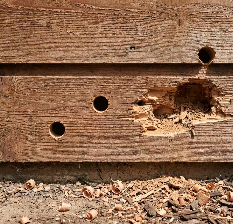 Close-up of several woodpecker holes drilled into a house's cedar siding