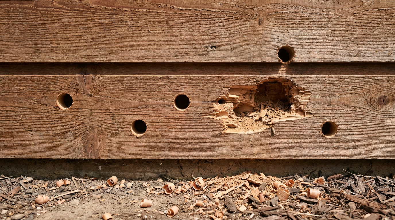 Close-up of several woodpecker holes drilled into a house's cedar siding
