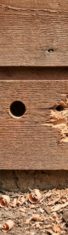 Close-up of several woodpecker holes drilled into a house's cedar siding
