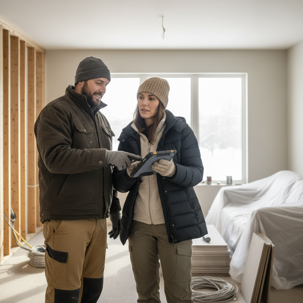 Contractor and homeowner discussing a winter renovation project on a job site.