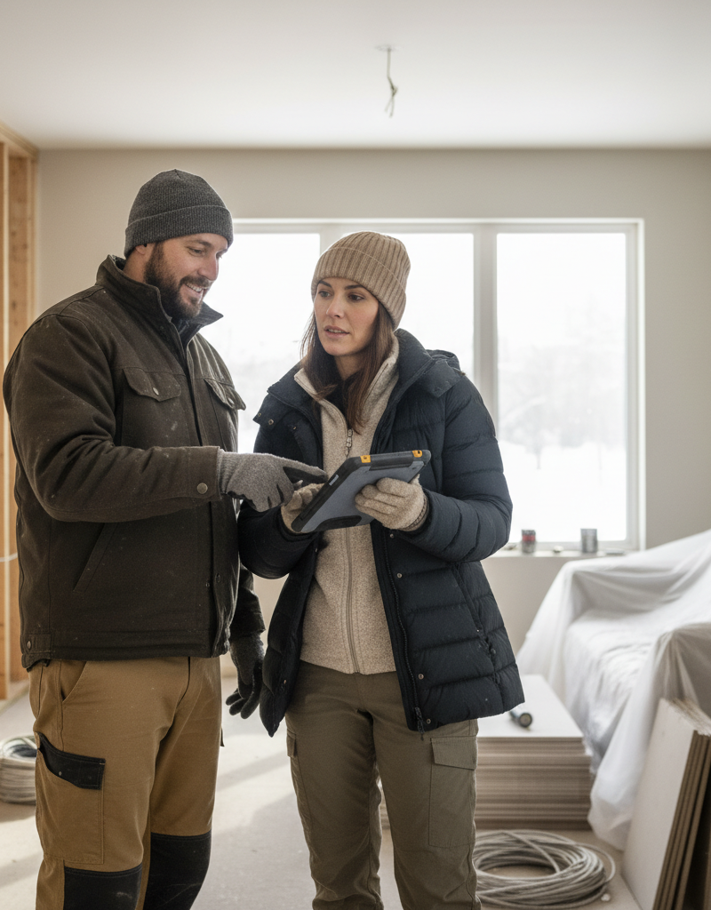 Contractor and homeowner discussing a winter renovation project on a job site.