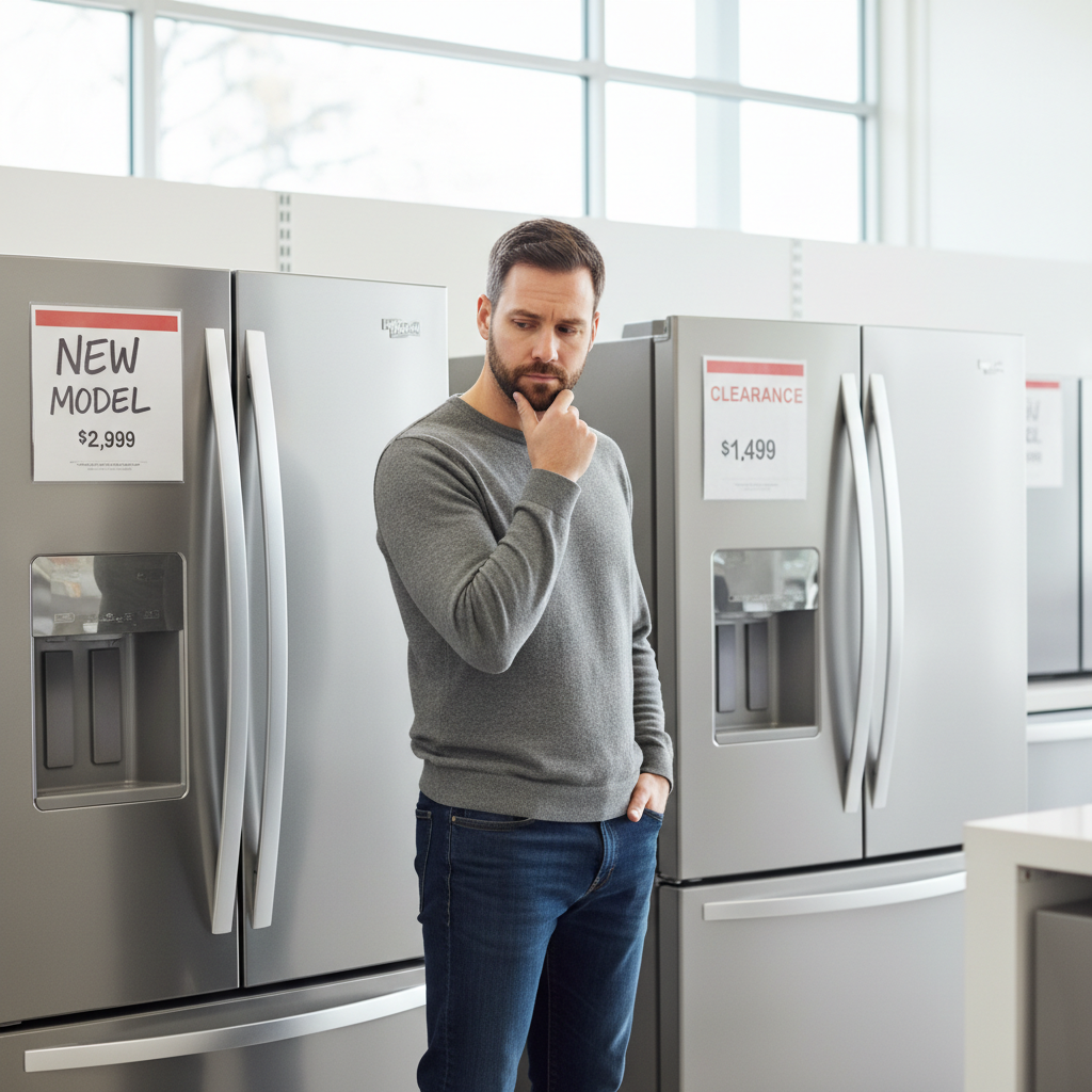 Homeowner evaluating two refrigerators, one new and one on clearance, in an appliance store