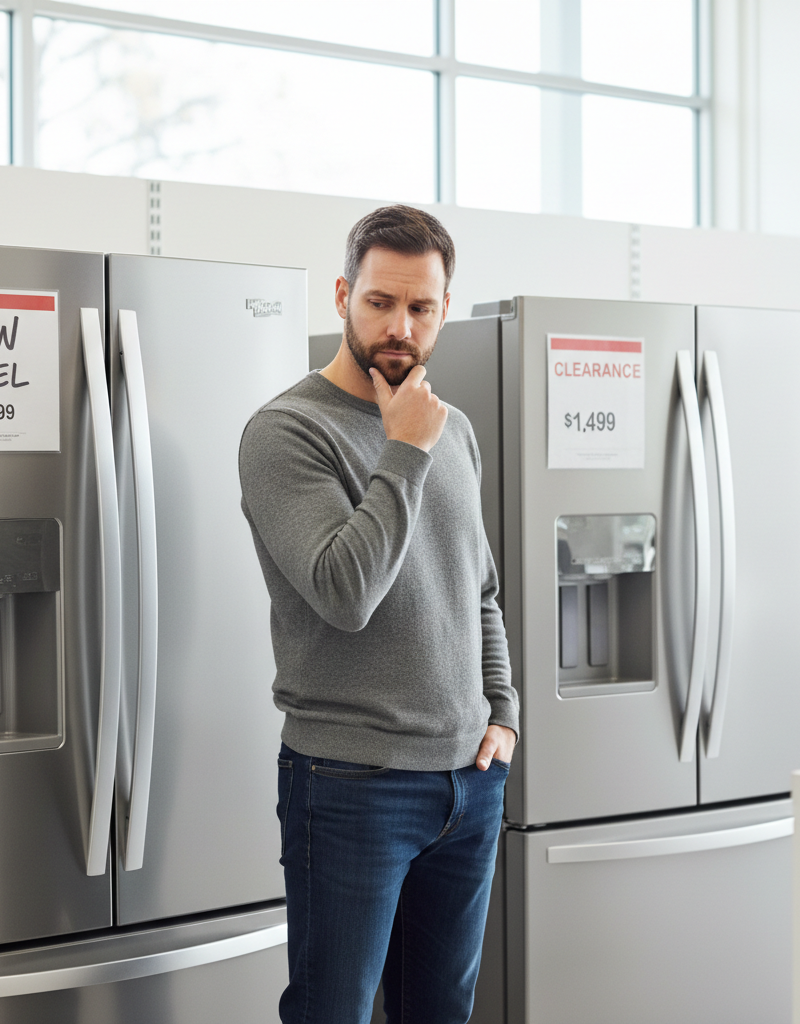 Homeowner evaluating two refrigerators, one new and one on clearance, in an appliance store