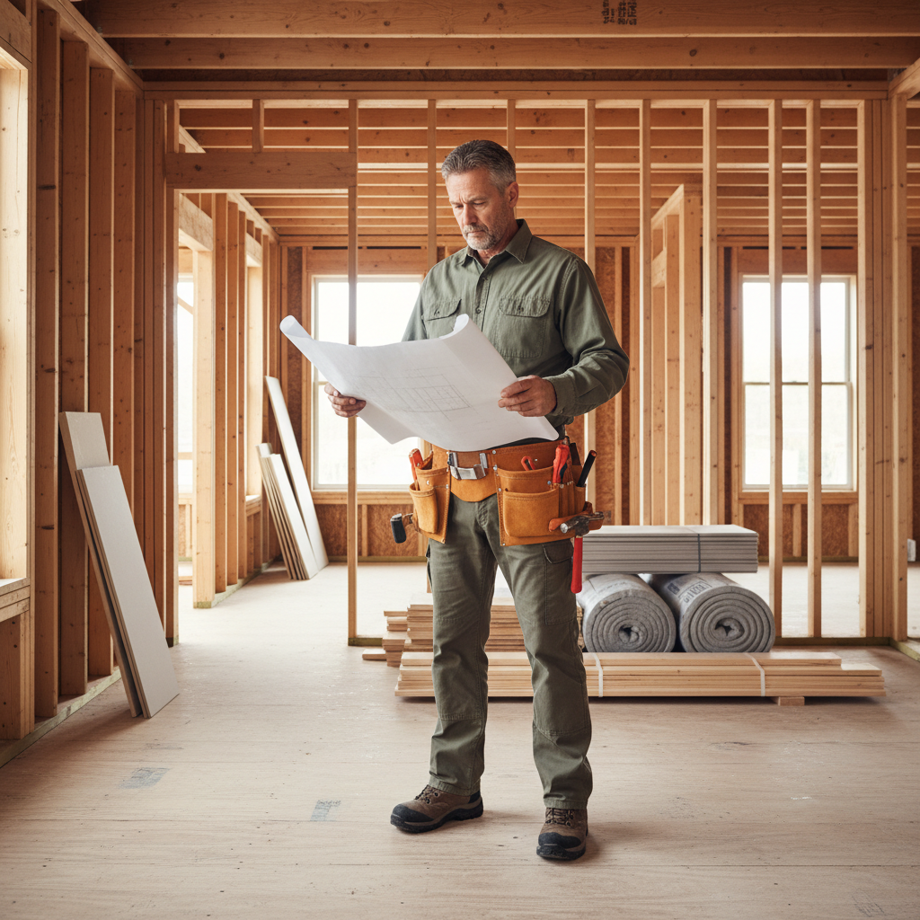Contractor reviewing blueprints in a partially framed home under renovation, illustrating thoughtful planning.