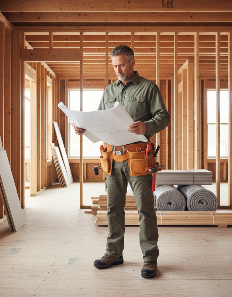 Contractor reviewing blueprints in a partially framed home under renovation, illustrating thoughtful planning.
