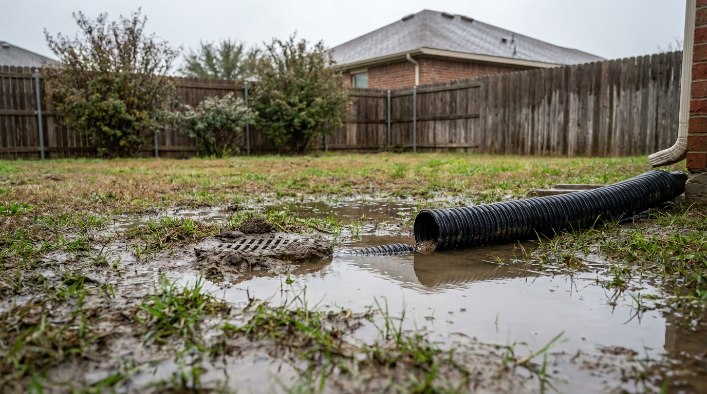 A soggy backyard with large puddles of standing water on the lawn, indicating a serious yard drainage problem after rain.