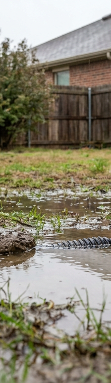 A soggy backyard with large puddles of standing water on the lawn, indicating a serious yard drainage problem after rain.