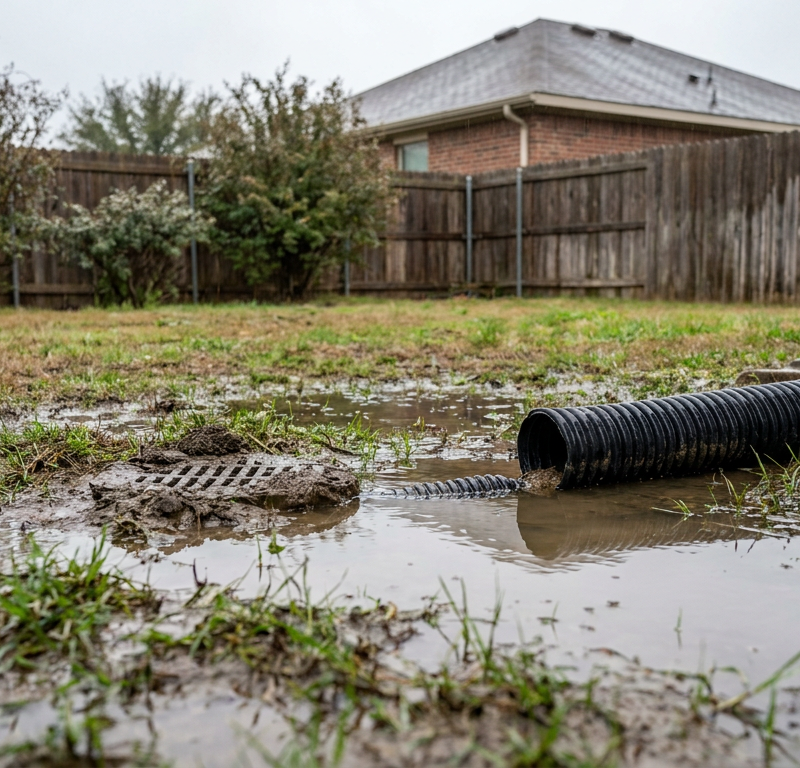 A soggy backyard with large puddles of standing water on the lawn, indicating a serious yard drainage problem after rain.