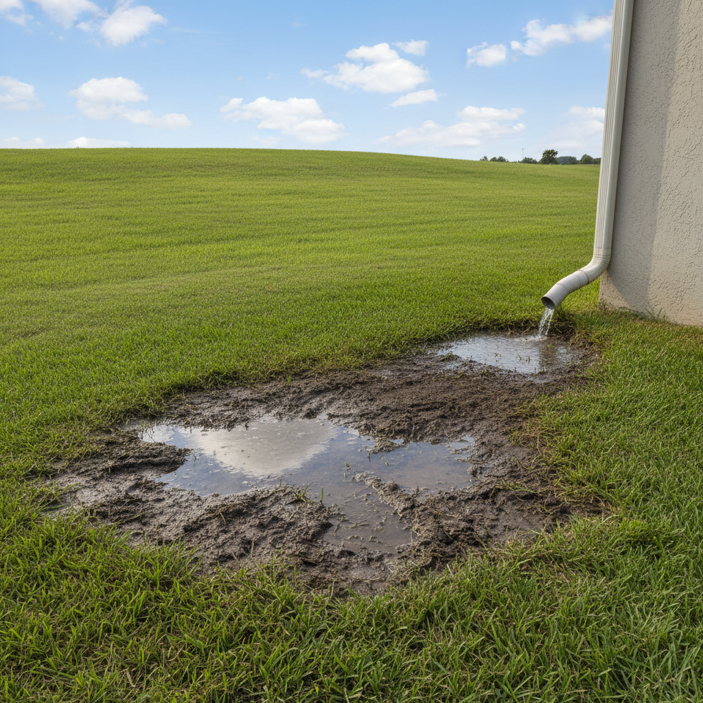 A residential lawn with a persistent soggy, muddy patch indicating poor drainage.