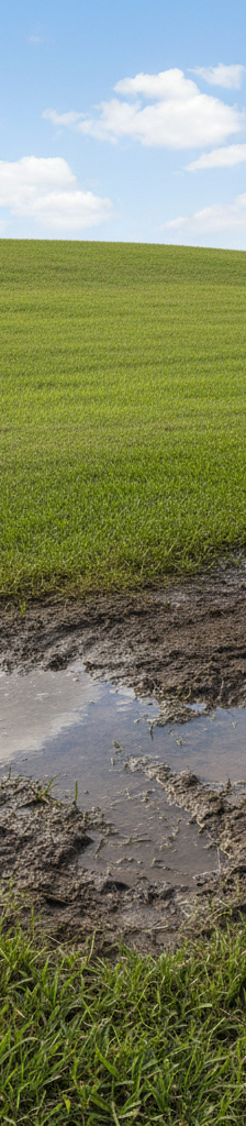 A residential lawn with a persistent soggy, muddy patch indicating poor drainage.