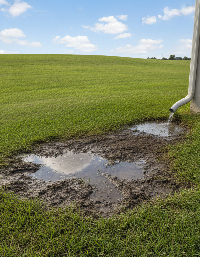A residential lawn with a persistent soggy, muddy patch indicating poor drainage.