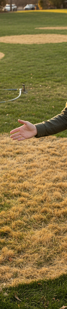 A homeowner examining a yellow patch of lawn with a soil test kit, looking concerned about the grass.