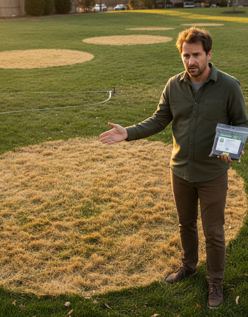 A homeowner examining a yellow patch of lawn with a soil test kit, looking concerned about the grass.