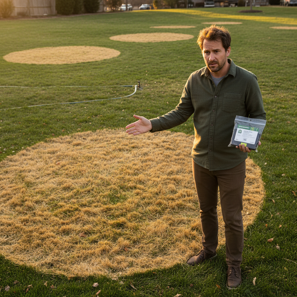 A homeowner examining a yellow patch of lawn with a soil test kit, looking concerned about the grass.