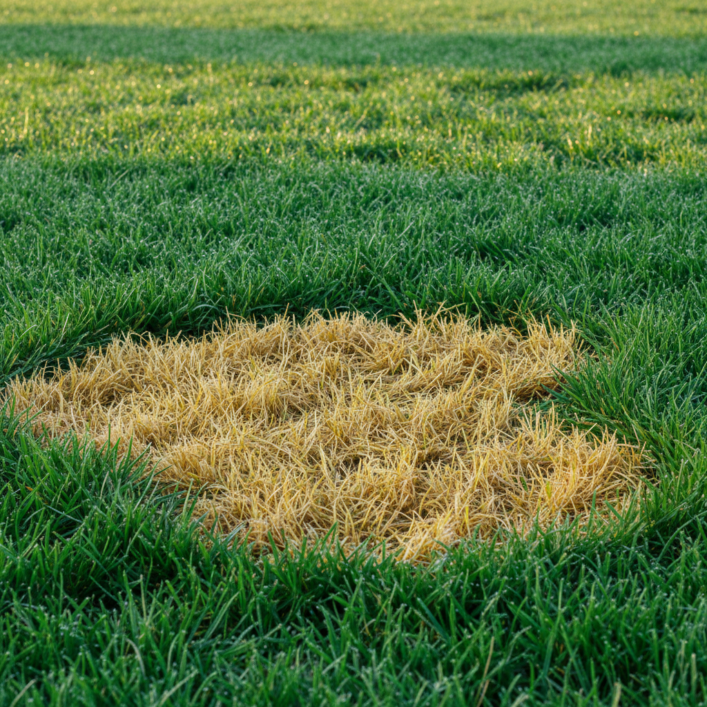 A healthy green lawn with a noticeable patch of yellowing grass, illustrating common lawn problems.