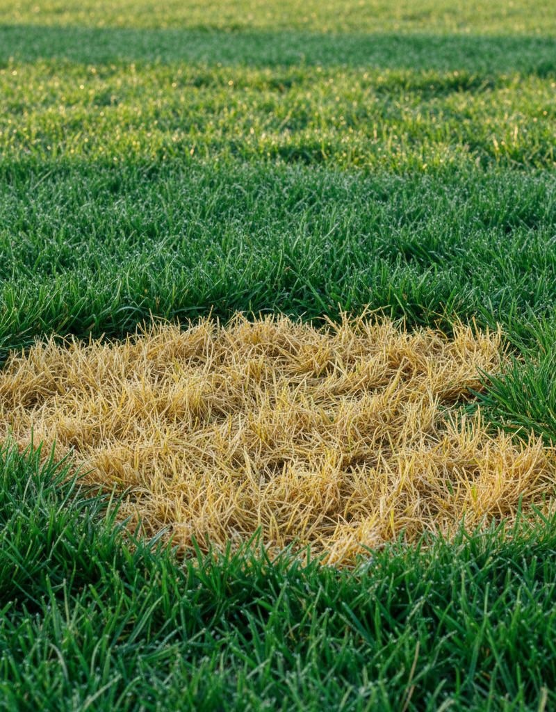 A healthy green lawn with a noticeable patch of yellowing grass, illustrating common lawn problems.